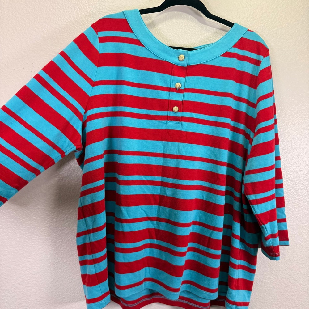 Talbots Striped Henley Top Womens 3X Red Blue Coastal Natural fiber Pima Cotton